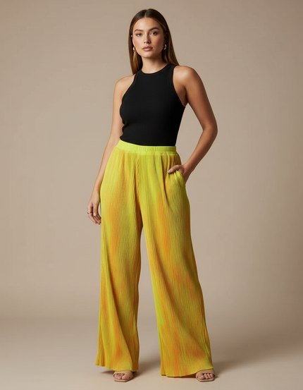 Pantalon Fluide Plissé Tie-Dye Ample Jaune Orange - Multicolore Polyester