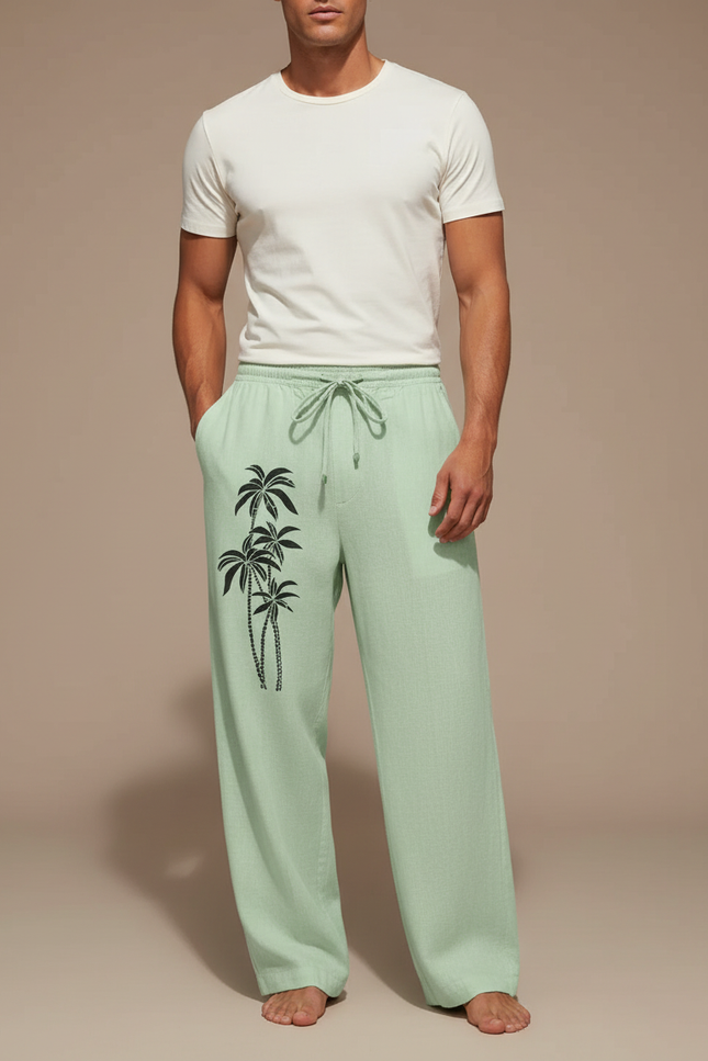 Pantalon Fluide Vert Menthe Ample Cordon Palmiers Homme - Lin