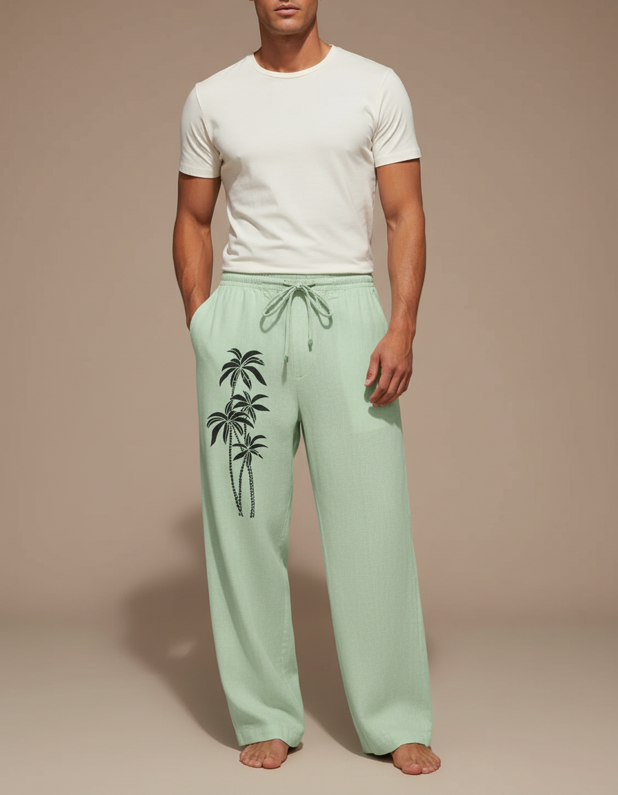 Pantalon Fluide Vert Menthe Ample Cordon Palmiers Homme - Lin