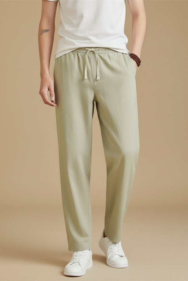 Pantalon Fluide Kaki Cordon Ample Coton Lin Homme