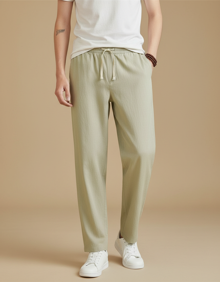 Pantalon Fluide Kaki Cordon Ample Coton Lin Homme