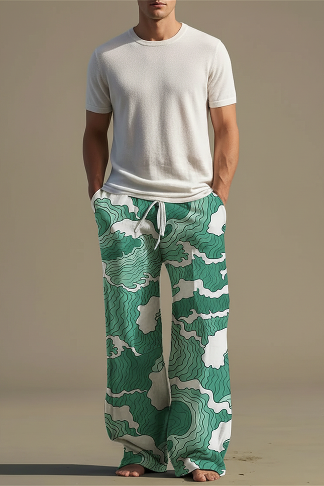 Pantalon Fluide Vert Motif Vagues Ample Décontracté Homme - Coton