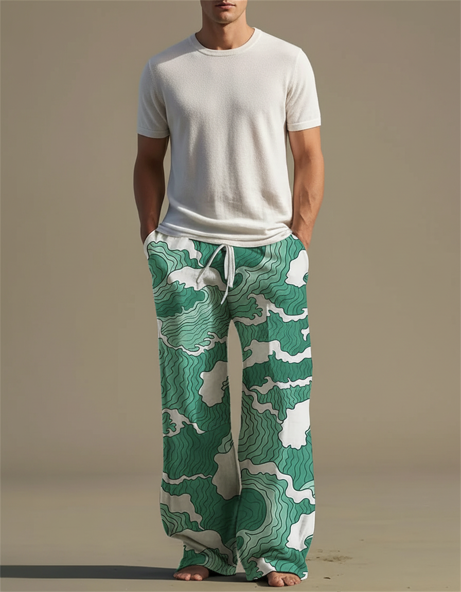 Pantalon Fluide Vert Motif Vagues Ample Décontracté Homme - Coton