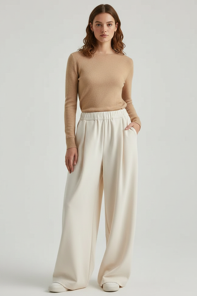 Pantalon Fluide Écru Ample Taille Haute Femme - Beige Molleton