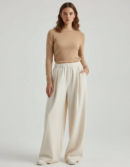 Pantalon Fluide Écru Ample Taille Haute Femme - Beige Molleton