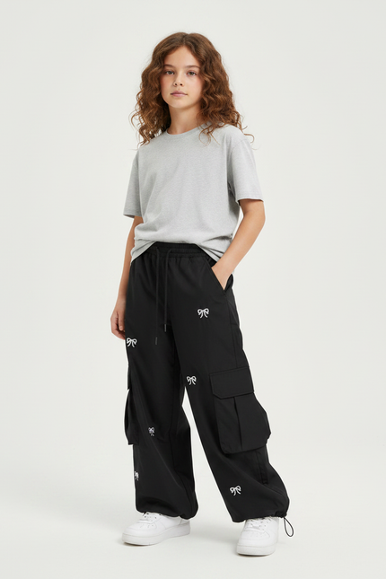 Pantalon Fluide Noir Cargo Ample Nœuds Fille - Polyester
