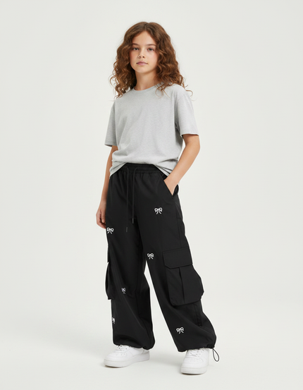 Pantalon Fluide Noir Cargo Ample Nœuds Fille - Polyester
