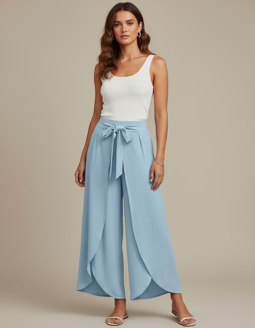 Pantalon Fluide Bleu Ciel Ample Fendu Ceinturé Décontracté - Lin