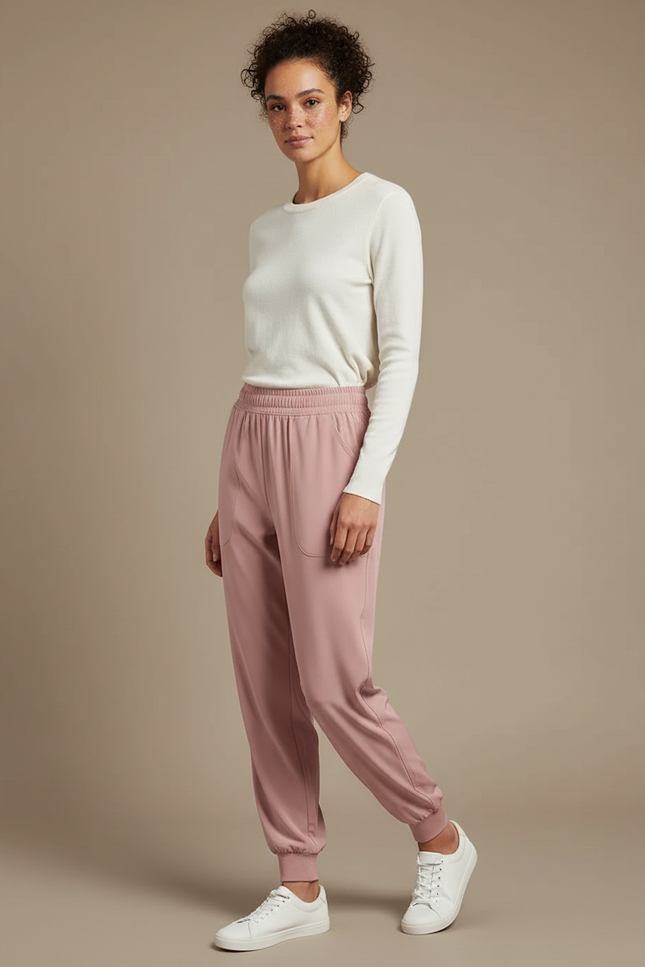 Pantalon Fluide Rose Confortable Élastiqué Femme Jogger - Polyester