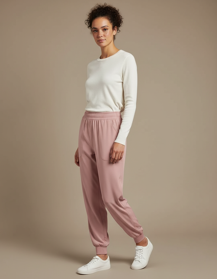 Pantalon Fluide Rose Confortable Élastiqué Femme Jogger - Polyester