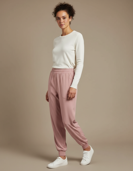 Pantalon Fluide Rose Confortable Élastiqué Femme Jogger - Polyester
