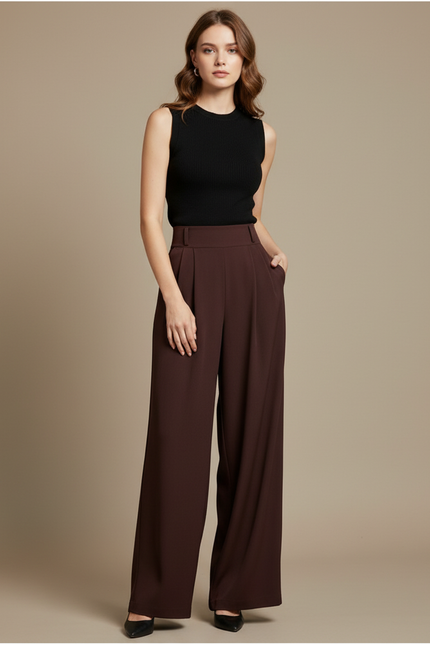 Pantalon Fluide Palazzo - Marron Polyester