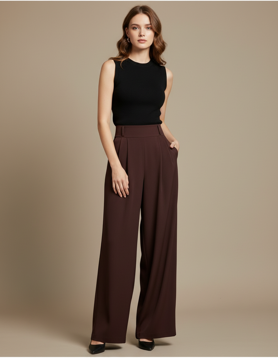 Pantalon Fluide Palazzo - Marron Polyester