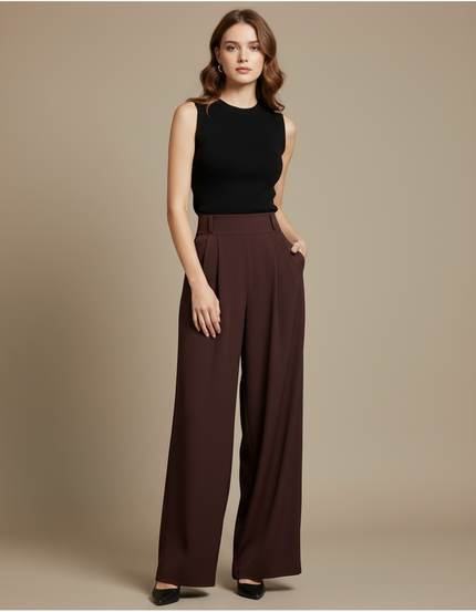 Pantalon Fluide Palazzo - Marron Polyester