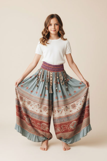 Pantalon Fluide Bohème Imprimé Floral Ample Ethnique - Multicolore Viscose
