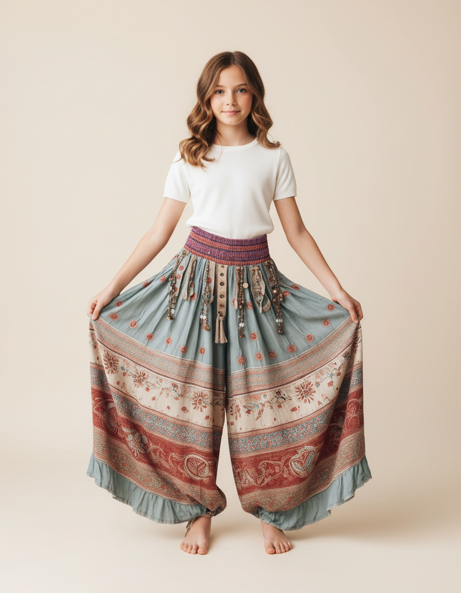 Pantalon Fluide Bohème Imprimé Floral Ample Ethnique - Multicolore Viscose