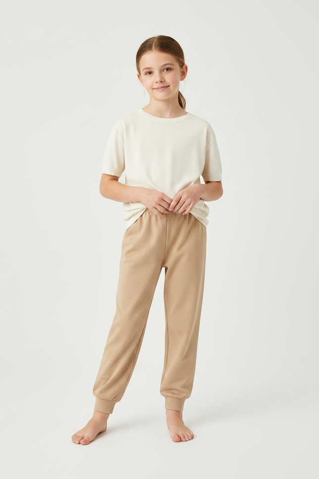 Pantalon Fluide Beige Coton Lisse Confortable Enfant - Molleton