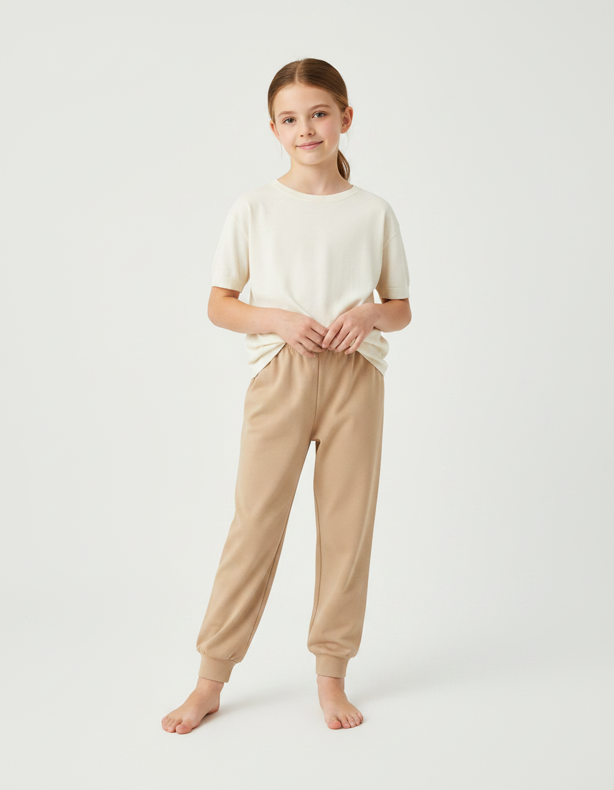 Pantalon Fluide Beige Coton Lisse Confortable Enfant - Molleton