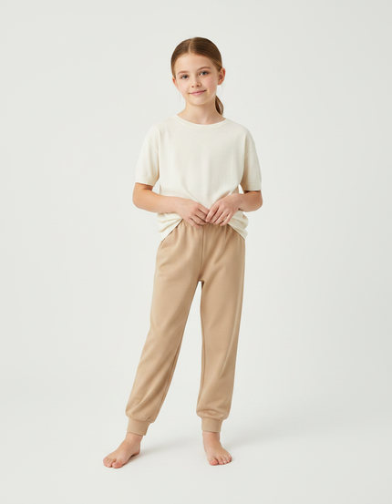 Pantalon Fluide Beige Coton Lisse Confortable Enfant - Molleton