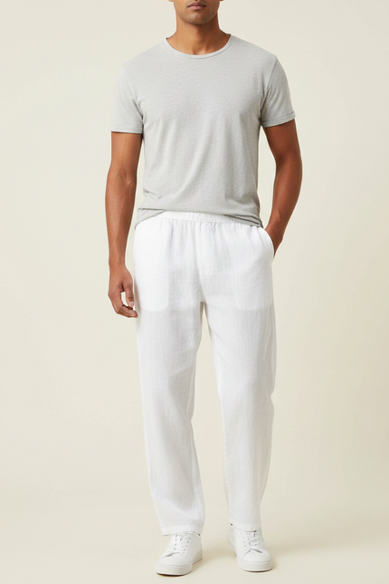 Pantalon Fluide Blanc Lin Ample Décontracté Homme