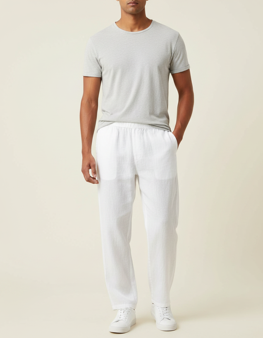 Pantalon Fluide Blanc Lin Ample Décontracté Homme