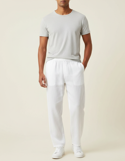 Pantalon Fluide Blanc Lin Ample Décontracté Homme