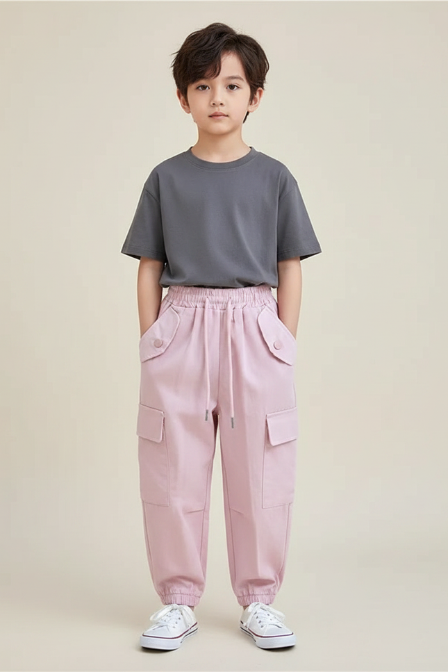 Pantalon Fluide Rose Cargo Coton Ample Décontracté Enfant