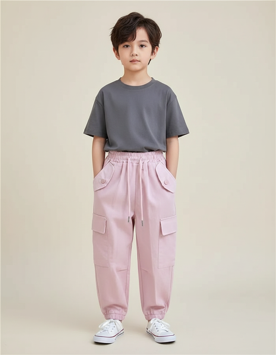 Pantalon Fluide Rose Cargo Coton Ample Décontracté Enfant