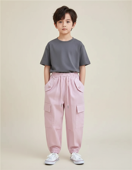 Pantalon Fluide Rose Cargo Coton Ample Décontracté Enfant