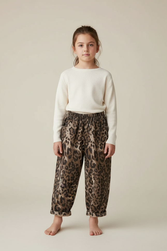 Pantalon Fluide Léopard Marron Ample Enfant Coton - Molleton
