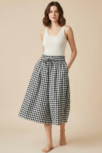 Pantalon Fluide Carreaux Vichy Noir Blanc Ample Cordon - Multicolore Viscose