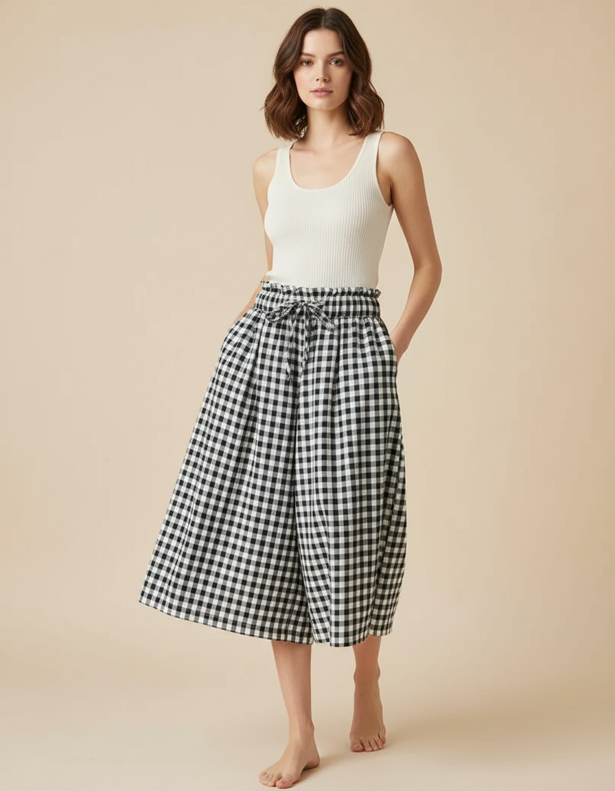 Pantalon Fluide Carreaux Vichy Noir Blanc Ample Cordon - Multicolore Viscose