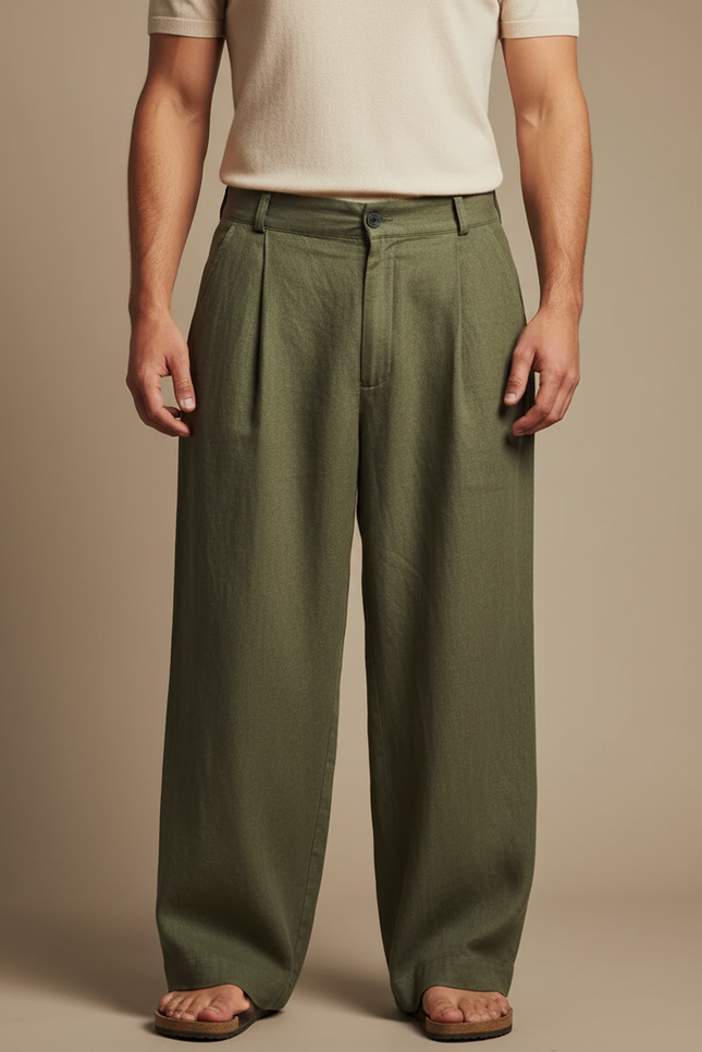 Pantalon Fluide Vert Kaki Lin Plissé Ample Homme