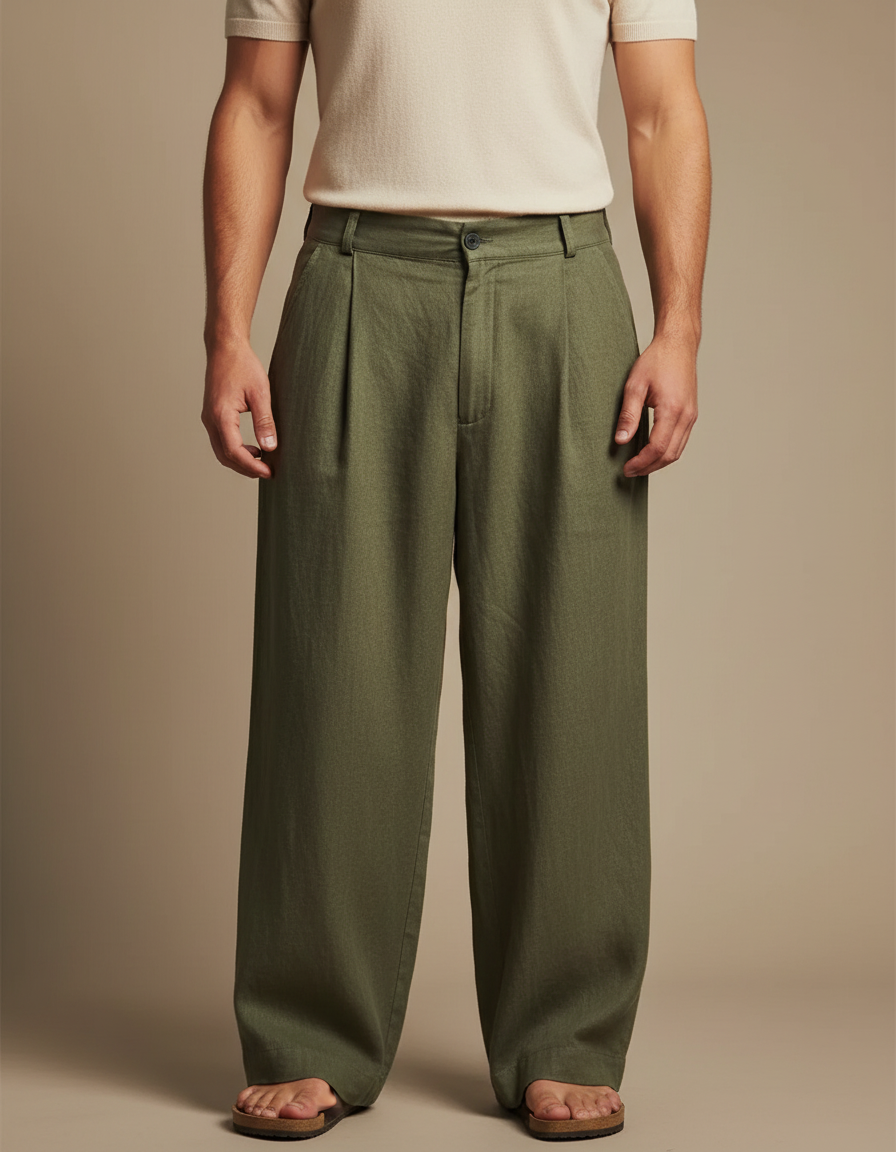 Pantalon Fluide Vert Kaki Lin Plissé Ample Homme
