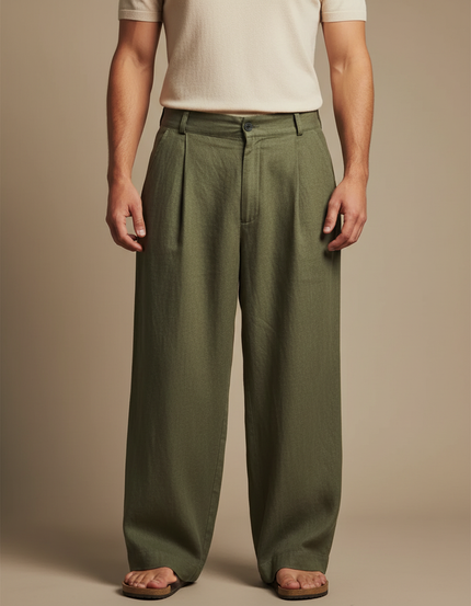 Pantalon Fluide Vert Kaki Lin Plissé Ample Homme