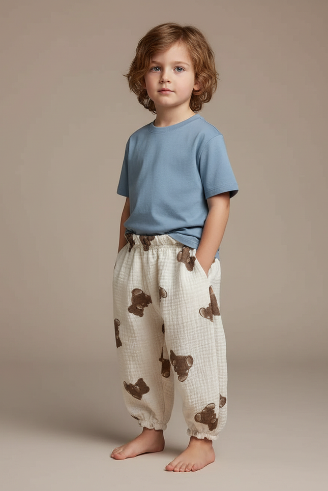 Pantalon Fluide Écru Ample Coton Motif Oursons - Beige