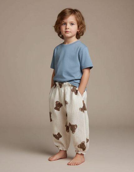 Pantalon Fluide Écru Ample Coton Motif Oursons - Beige