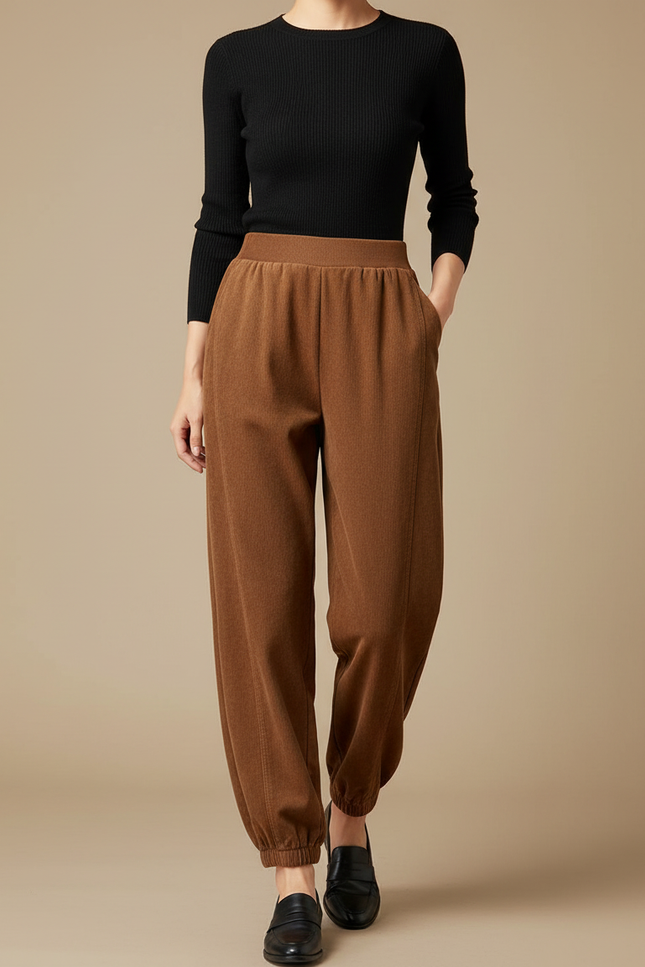 Pantalon Fluide Marron Ample Taille Élastique Hiver - Cordé