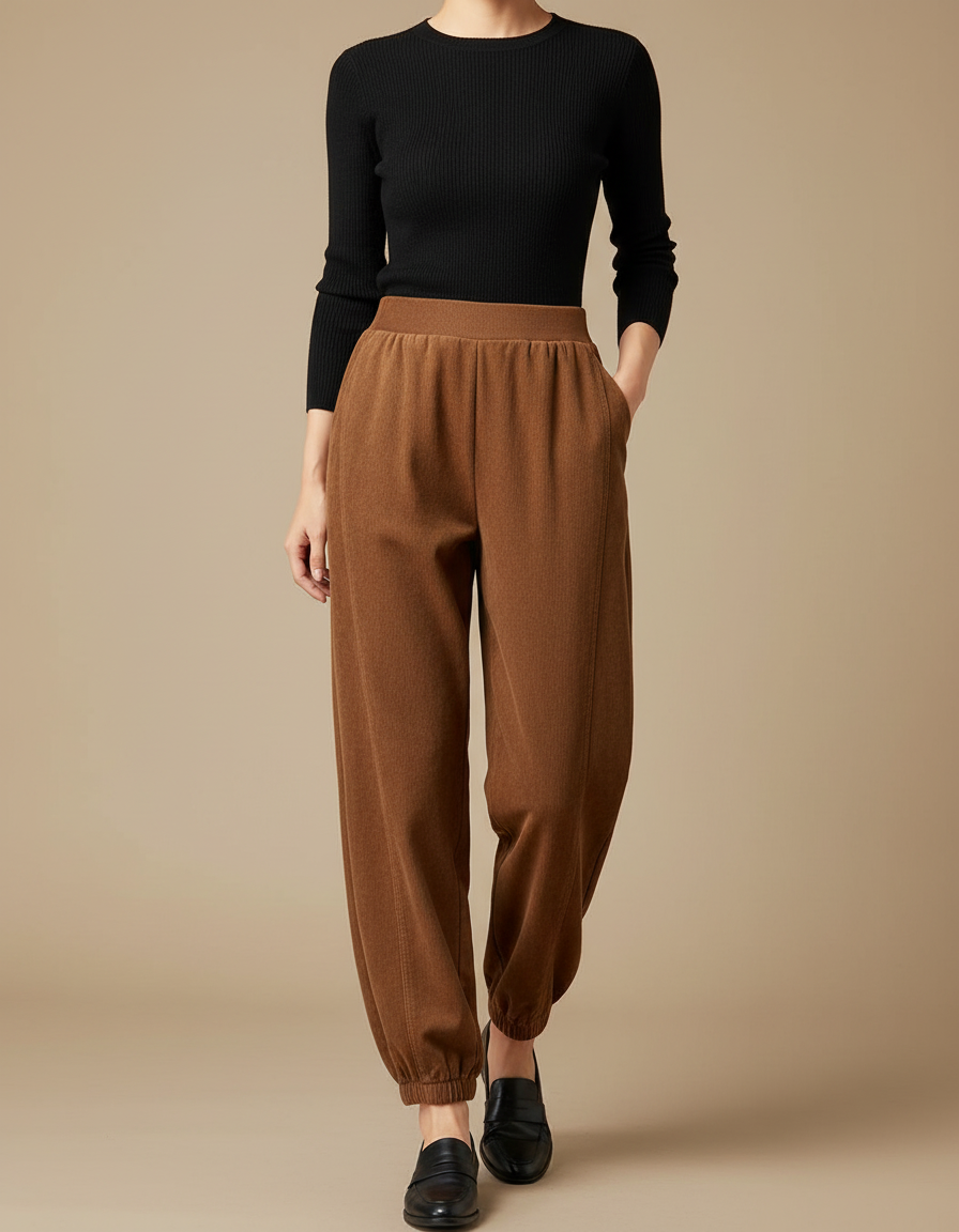 Pantalon Fluide Marron Ample Taille Élastique Hiver - Cordé