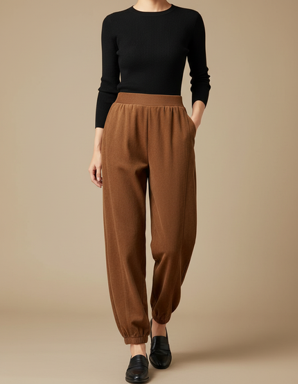 Pantalon Fluide Marron Ample Taille Élastique Hiver - Cordé