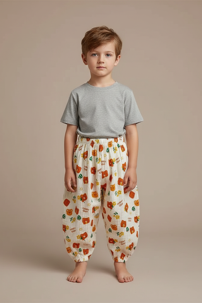 Pantalon Fluide Écru Oursons Fleuris Ample Coton Enfant - Beige