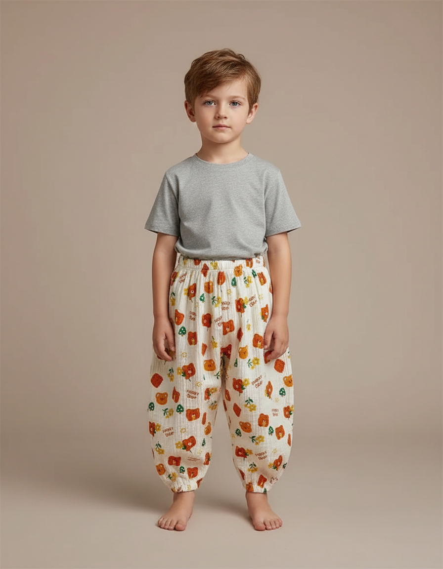 Pantalon Fluide Écru Oursons Fleuris Ample Coton Enfant - Beige