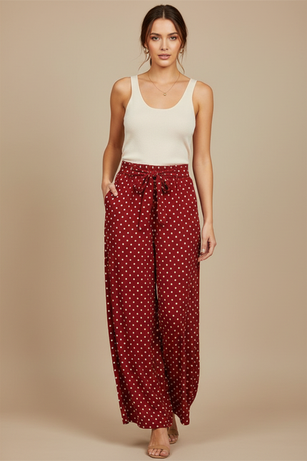 Pantalon Fluide Rouge À Pois Ample Décontracté Femme - Bordeaux Viscose
