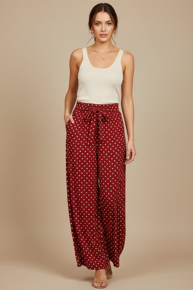 Pantalon Fluide Rouge À Pois Ample Décontracté Femme - Bordeaux Viscose