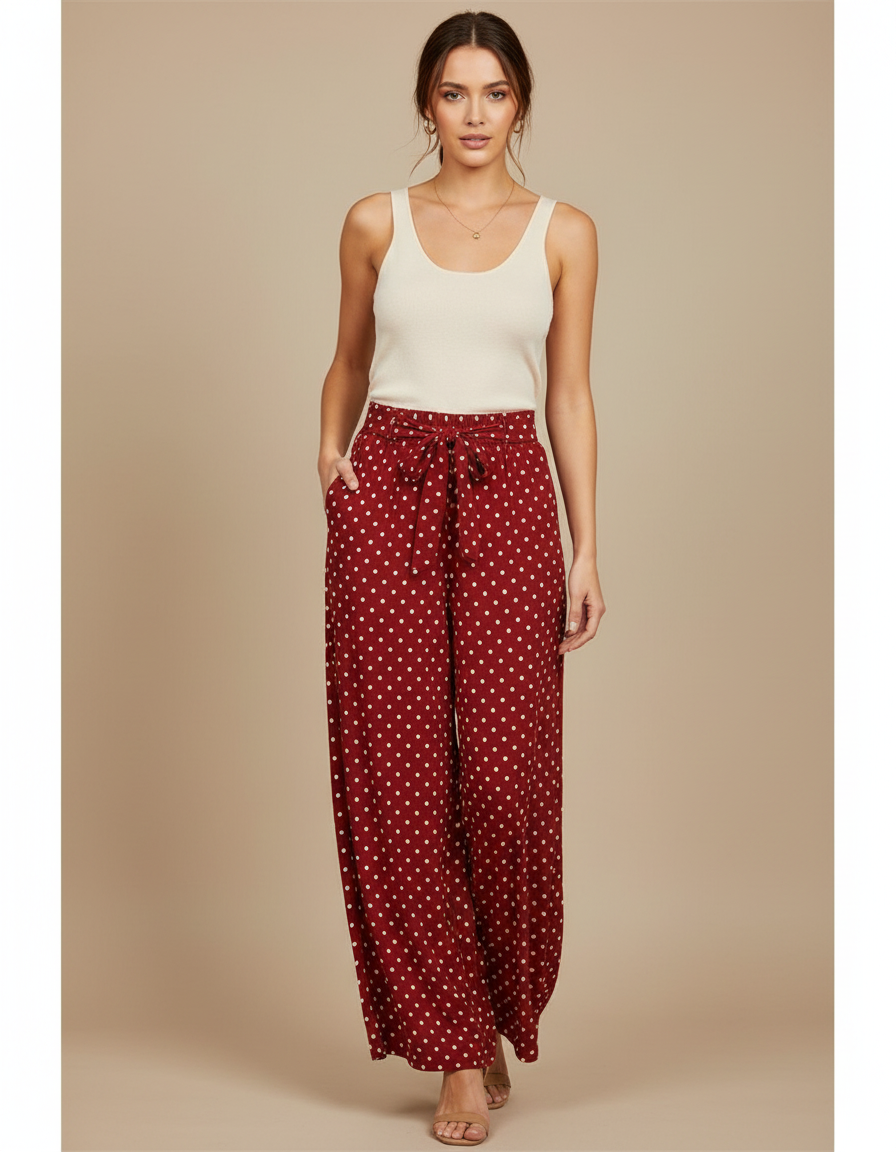 Pantalon Fluide Rouge À Pois Ample Décontracté Femme - Bordeaux Viscose