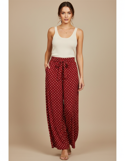 Pantalon Fluide Rouge À Pois Ample Décontracté Femme - Bordeaux Viscose
