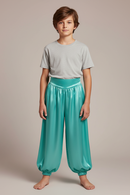 Pantalon Fluide Satiné Turquoise Ample Élastique Enfant - Bleu