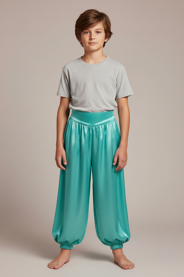 Pantalon Fluide Satiné Turquoise Ample Élastique Enfant - Bleu