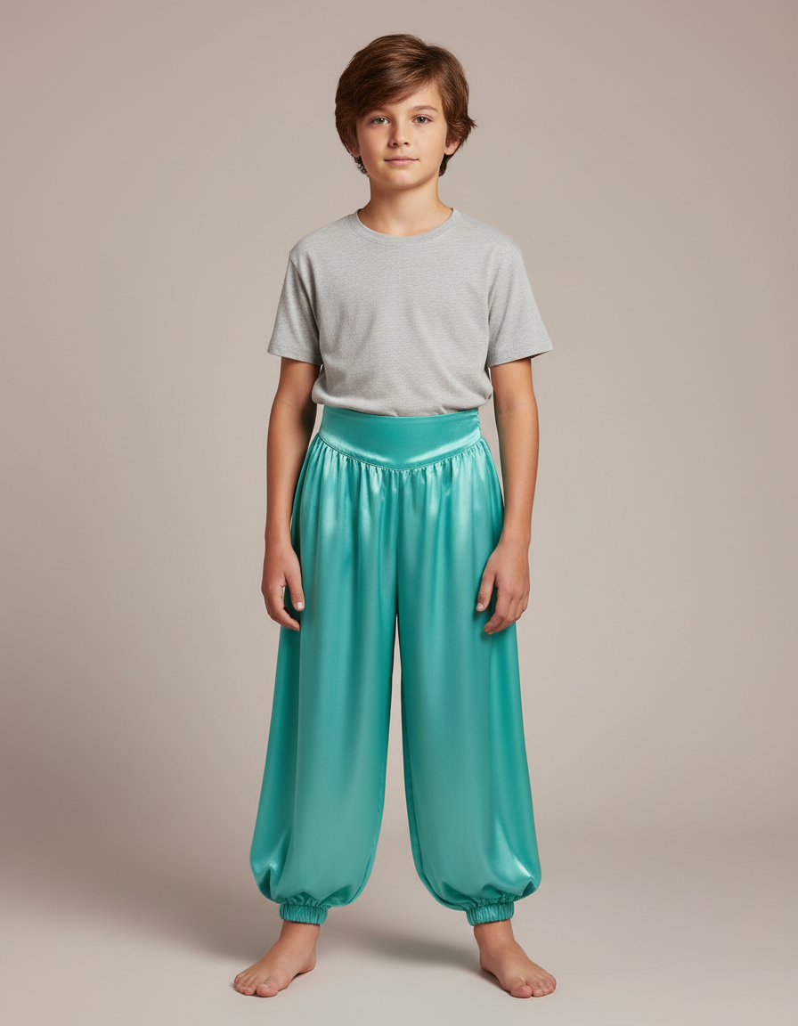 Pantalon Fluide Satiné Turquoise Ample Élastique Enfant - Bleu