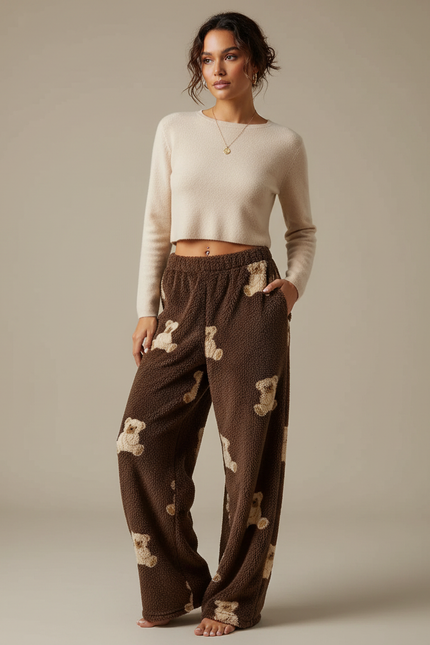 Pantalon Fluide Marron Oursons Pelucheux Confortable Femme - Molleton